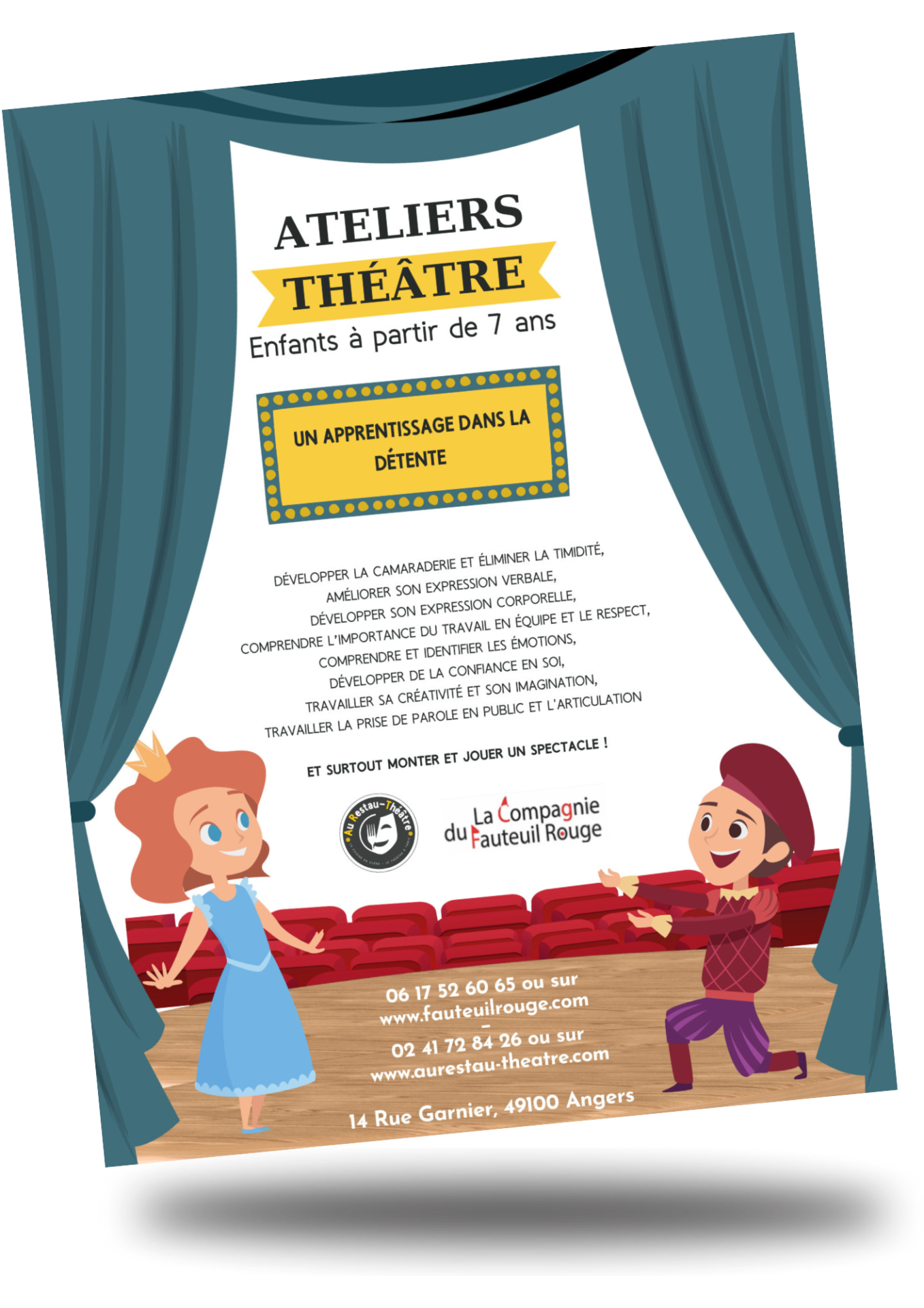 Affiche pour les Ateliers théâtre Enfants Au Restau-Théâtre à Angers avec la compagnie du fauteuil rouge.