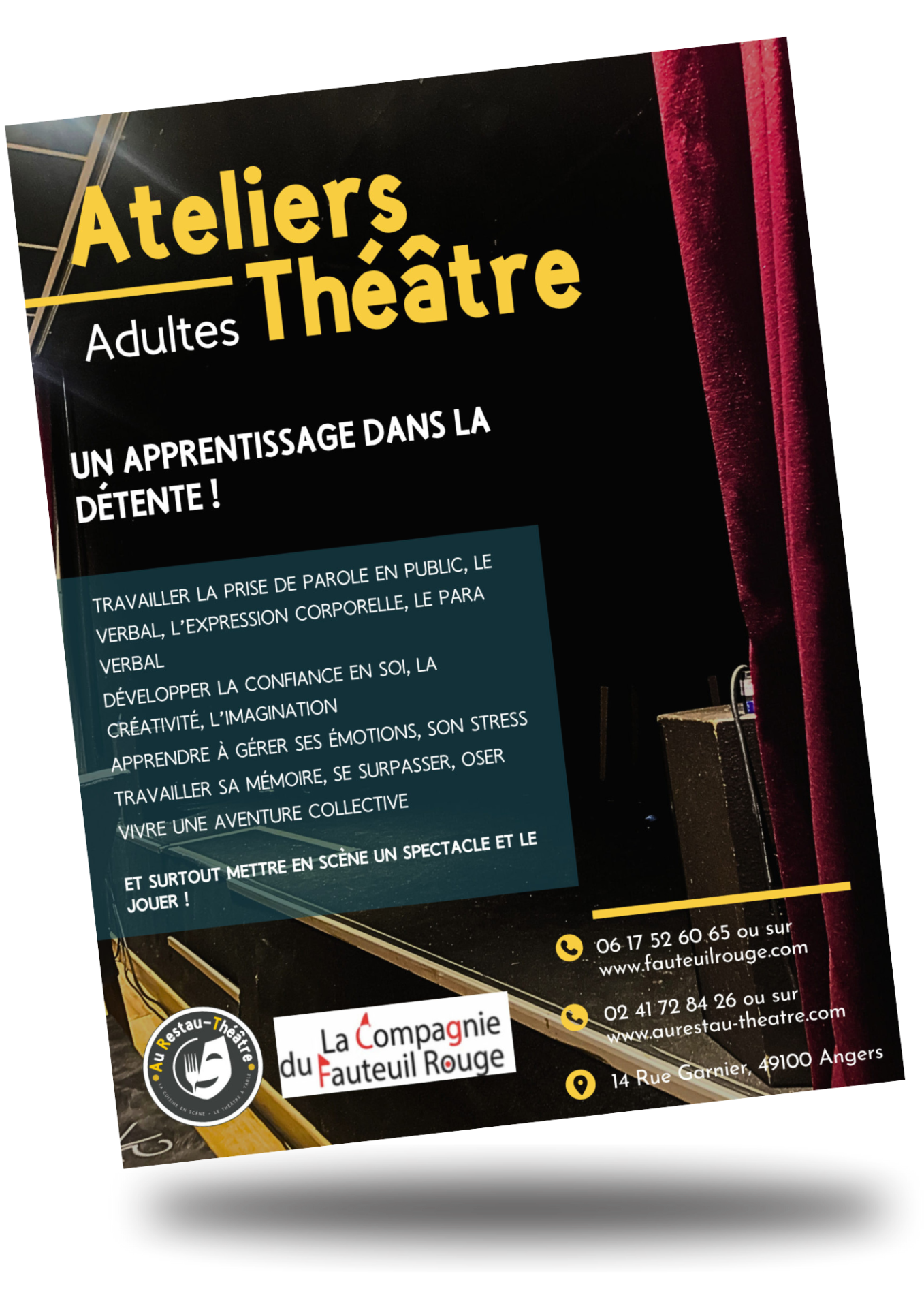 Affiche pour les Ateliers théâtre Adultes Au Restau-Théâtre à Angers avec la compagnie du fauteuil rouge. 